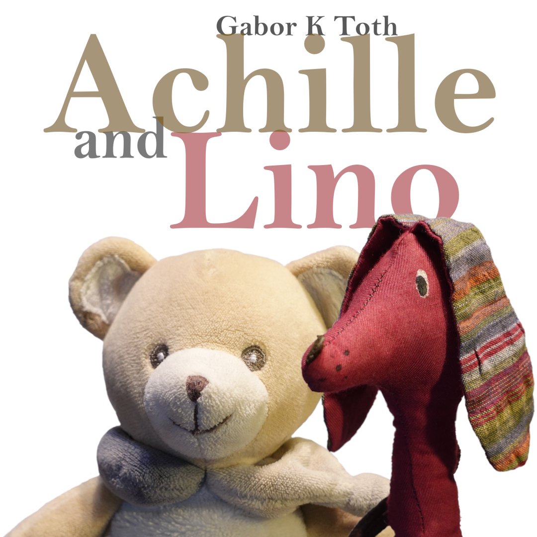 Achille and Lino front cover: Portraits of Achille, a light brown plush bear, and Lino, a purple dachshund
