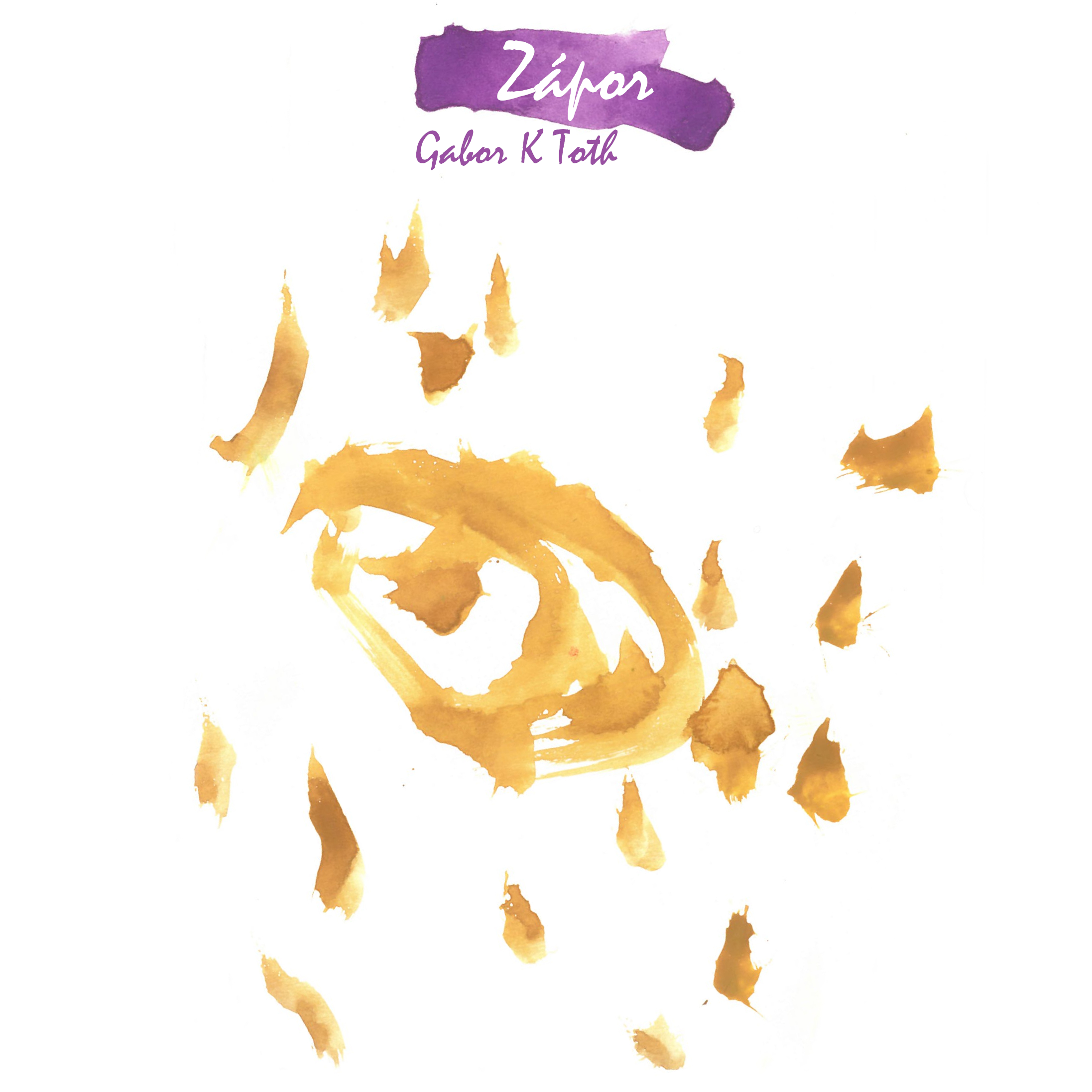 Zápor album front cover: Golden raindrops over white background, purple title.